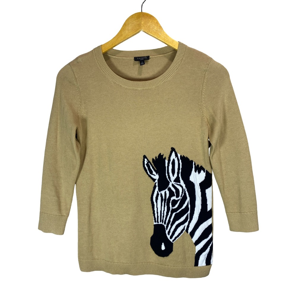 Talbots Petite Tan Zebra Intarsia Crew Neck Sweater 3/4 Sleeve Size P